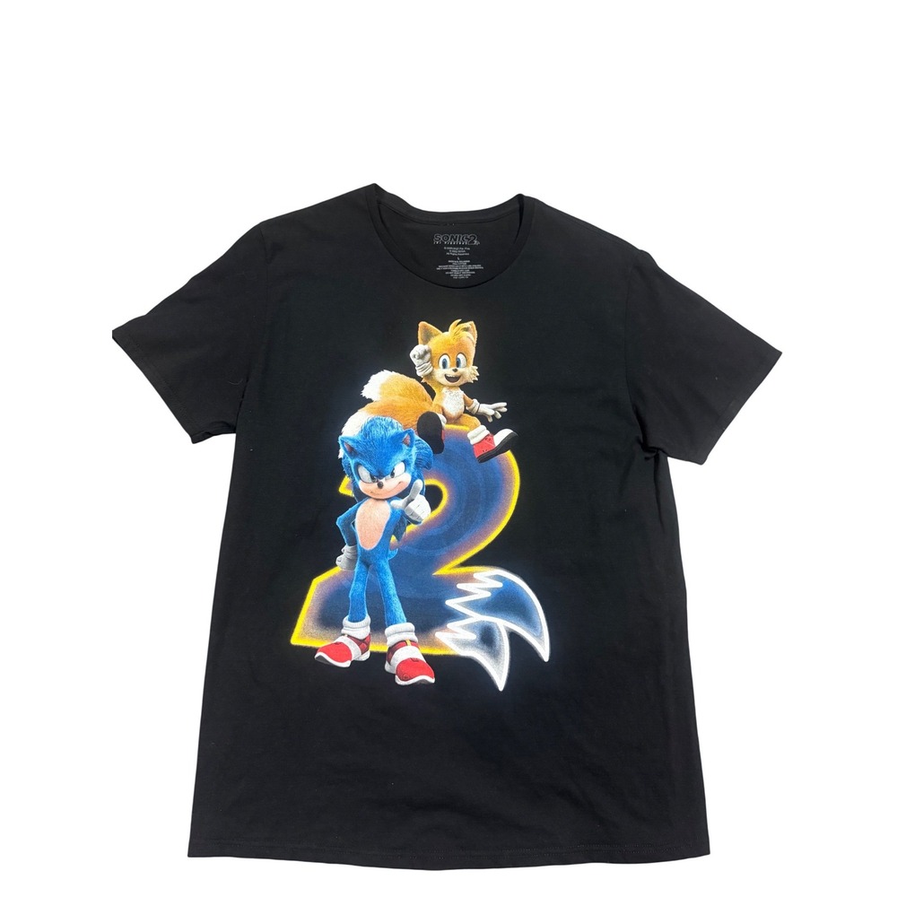 Sonic the Hedgehog 2 Movie Promo T-Shirt Mens Large Black Tails SEGA 2022 Graphi
